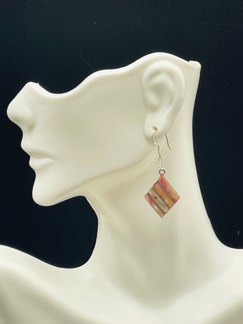 Sterling Silver Pink Shell Inlay Dangle Earrings 925 Geometric Design Stripes
